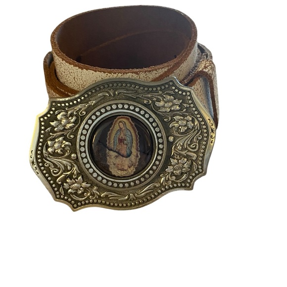 Y2K Great American Pewter Virgin Mary
Buckle & white crackle leather Belt - Picture 3 of 10